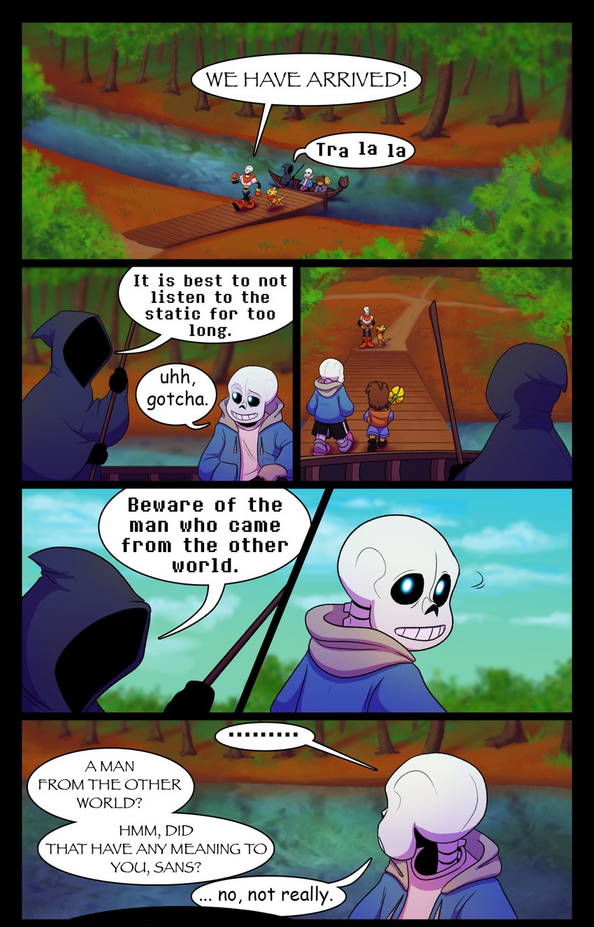 boat bone dialogue plant river skeleton text vehicle watercraft absolutedream undertale undertale_(series) flowey_the_flower frisk_(undertale) monster_kid papyrus_(undertale) river_person_(undertale) sans_(undertale) animated_skeleton elemental_creature flora_fauna human humanoid lizard mammal reptile scalie undead absurd_res comic english_text hi_res