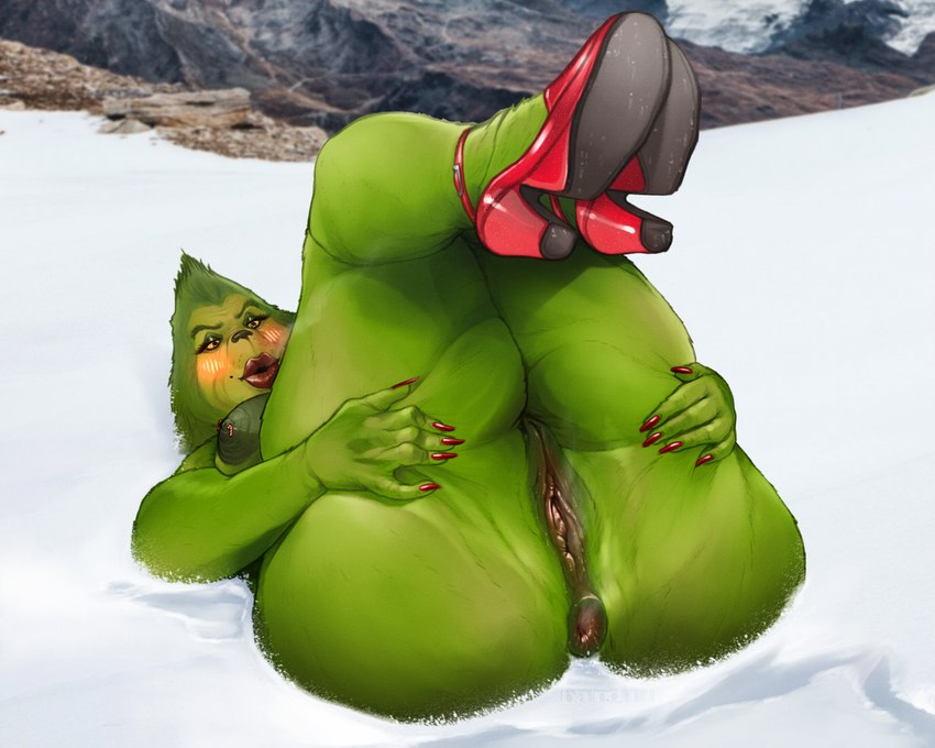 anthro anus areola big_areola big_nipples blush blush_lines breath clothing colored_nails darkened_genitalia female female_anthro footwear fur genitals glistening glistening_genitalia green_body green_fur green_skin high_heels legs_up lips looking_at_butt lying mostly_nude mountain nails nipple_piercing nipples on_back overweight overweight_anthro overweight_female piercing puffy_anus pussy red_clothing red_footwear red_lips red_nails red_shoes shoes snow solo spread_legs spread_pussy spreading steam wide_hips yellow_eyes band1tnsfw how_the_grinch_stole_christmas! grinch mammal 5:4 absurd_res digital_drawing_(artwork) digital_media_(artwork) english_description hi_res