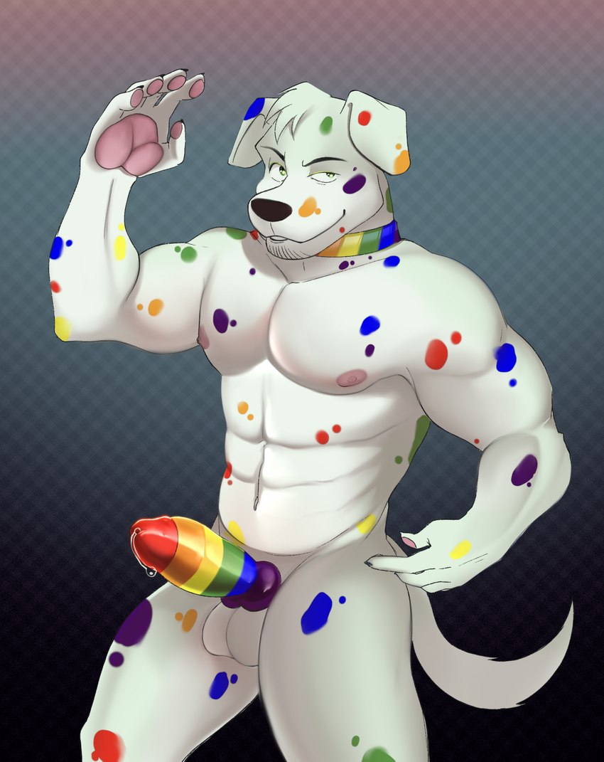 abs accessory anthro balls bodily_fluids clothing collar floppy_ears fur genital_fluids genitals green_eyes head_tuft knot lgbt_pride looking_at_viewer male male_anthro markings multicolored_collar multicolored_genitals multicolored_penis nipples nude pattern_background pawpads penis pink_pawpads pride_color_accessory pride_color_collar pride_color_genitals pride_color_penis pride_colors rainbow_collar rainbow_penis rainbow_pride_colors rainbow_spots simple_background six-stripe_rainbow_pride_colors smile solo spots spotted_body spotted_fur tuft white_body white_fur sodabae skittles_the_dalmatian canid canine canis dalmatian domestic_dog mammal digital_media_(artwork) hi_res