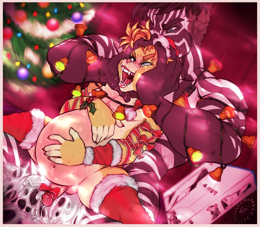 abdominal_bulge accessory ahegao anal anal_penetration anthro anthro_on_anthro anthro_penetrated anthro_penetrating anthro_penetrating_anthro armwear ball_size_difference balls bell blue_eyes bodily_fluids border box christmas_clothing christmas_decorations christmas_headwear christmas_lights christmas_tree claws clothing console container cum cum_drip cum_inflation cum_inside cum_on_balls dripping duo ejaculation excessive_cum excessive_genital_fluids foreskin genital_fluids genitals hat head_grab headgear headwear holding_belly holidays holly_(plant) inflation larger_male legwear looking_at_another looking_pleasured male male/male male_penetrated male_penetrating male_penetrating_male nipples nude open_mouth penetration penile penile_penetration penis penis_accessory penis_ribbon pink_border plant pushbutton retracted_foreskin ribbons saliva santa_hat sex showing_teeth simple_background size_difference smaller_male smaller_penetrated smile spread_legs spreading striped_body stripes tongue tree wire kiwa_flowcat christmas playstation sony_corporation sony_interactive_entertainment buda_(kiwa_flowcat) kiwa_biscuitcat domestic_cat equid equine felid feline felis mammal zebra