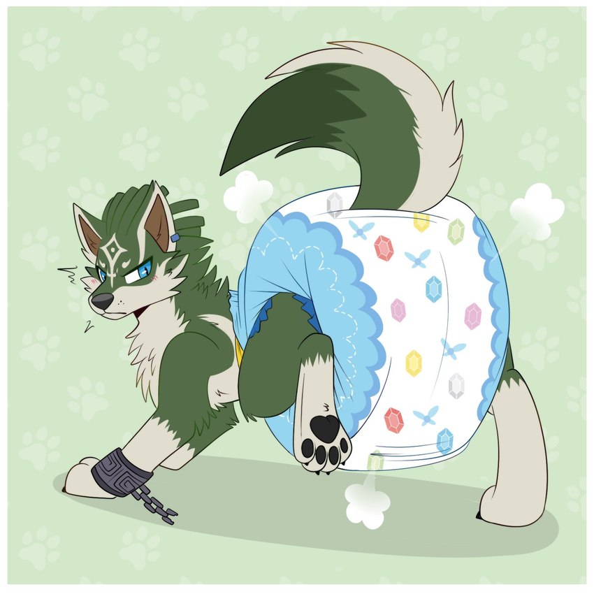 big_diaper blue_eyes blush border clothed clothing cuff_(restraint) diaper diaper_only diaper_puff dipstick_tail ear_piercing ear_ring embarrassed feral footprint fur fur_markings furgonomics green_body green_fur handcuffs looking_at_diaper looking_back male markings metal_cuffs pattern_background pattern_diaper pawpads pawprint pawprint_background paws piercing restraints ring_piercing simple_background solo standing tail tail_markings topless white_border jupiters mythology nintendo the_legend_of_zelda the_legend_of_zelda:_twilight_princess link_(wolf_form) canid canine canis mammal mythological_canine mythological_creature werecanid werecanine werecreature werewolf wolf 1:1 hi_res