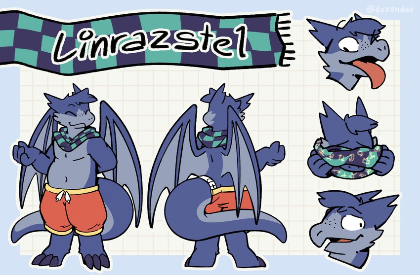 anthro blue_body blue_scales bottomwear claws clothed clothing embarrassed fin freckles furgonomic_bottomwear furgonomics male narrowed_eyes overweight overweight_male scales scarf shorts simple_background slightly_chubby solo standing tail text tongue tongue_out topless wings dozendav mythology linrazstel dragon mythological_creature mythological_scalie scalie character_name digital_media_(artwork) hi_res model_sheet tagme