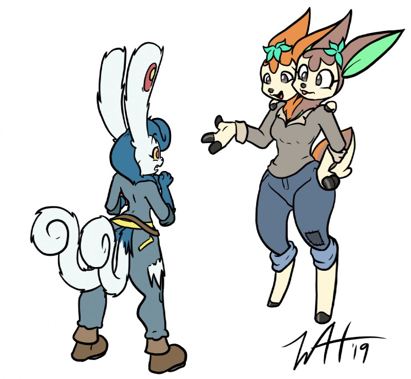 2_heads 2_tails 3_breasts 3_fingers 4_eyes 4_fingers anthro belt blue_body blue_fur boots bottomwear breasts clothed clothing conjoined conjoined_twins damaged_clothing duo female fingers footwear fur gloves_(marking) grey_eyes hooves markings multi_breast multi_eye multi_head multi_limb multi_tail open_mouth pants pip-boy pokemorph red_eyes red_sclera shirt shoes simple_background standing startled surprise tail teeth tongue tongue_out topwear torn_clothing vault_suit white_background white_body white_fur yellow_eyes yellow_sclera muniversalarts fallout fallout:_pca microsoft nintendo pokemon caitlyn_(swordfox) autumn_deerling deer deerling felid feline generation_5_pokemon generation_6_pokemon mammal meowstic pokemon_(species) rad_deerling winter_deerling 2019 crossover