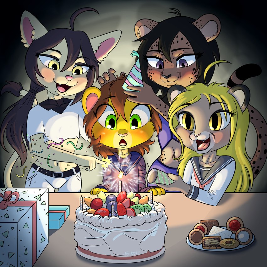 anthro birthday birthday_cake birthday_gift black_hair black_markings black_nose black_spots blonde_hair blue_clothing blue_eyes bottomwear box brown_hair cake candle cheek_tuft clothed clothing container cookie crop_top dessert dipstick_tail eyebrows facial_tuft female food front_view gift gift_box grey_body group hair hat headgear headwear long_hair looking_at_another looking_at_cake looking_at_object magic magic_user male markings midriff navel open_mouth orange_body pants party_hat pink_nose ponytail pupils ring_(marking) ringed_tail round_ears shirt slit_pupils smile spots spotted_body striped_markings striped_tail stripes tail tail_markings tail_tuft tan_body teeth tongue topwear tuft white_bottomwear white_clothing white_crop_top white_pants white_topwear yellow_eyes young young_anthro furnut keiko_sakmat light_(lightlion) pursha_fluffmore cheetah cougar felid feline lion mammal pantherine 1:1 2021 absurd_res hi_res