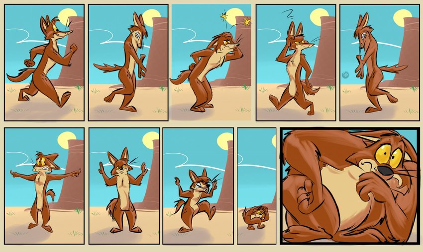 3_toes 4_fingers abstract_background anthro arm_tuft athletic belly biped black_eyes black_nose blue_sky breaking_the_fourth_wall brown_body brown_fur butt_tuft calf_tuft casual_nudity cheek_tuft chest_tuft claws clenched_teeth close-up collarbone comic_panel confusion constricted_pupils countershade_torso countershading crossed_legs crouching desert ears_back ears_down elbow_tuft eyes_closed facial_tuft feet finger_claws fingers front_view frown fur glance grimace grin hand_on_chin head_tuft hip_tuft humor knee_tuft knees_up leg_tuft looking_at_viewer male mime multicolored_body multicolored_fur narrowed_eyes nervous nude outside pain panel_interaction paws pecs pivoted_ears plantigrade pupils question_mark scrunchy_face shadow sharp_teeth shoulder_tuft shrinking sitting size_transformation sky small_pupils smile soles solo standing star_symbol sun surprise surprised_expression surprised_face surprised_look tan_belly tan_body tan_fur teeth thud toe_claws toes torso transformation tuft two_tone_body two_tone_fur walking whiskers wide_eyed wide_hips yellow_sclera zoom_in stevethedragon coyoteville sean_o'desse canid canine canis coyote mammal 2014 colored comic detailed digital_drawing_(artwork) digital_media_(artwork) shaded