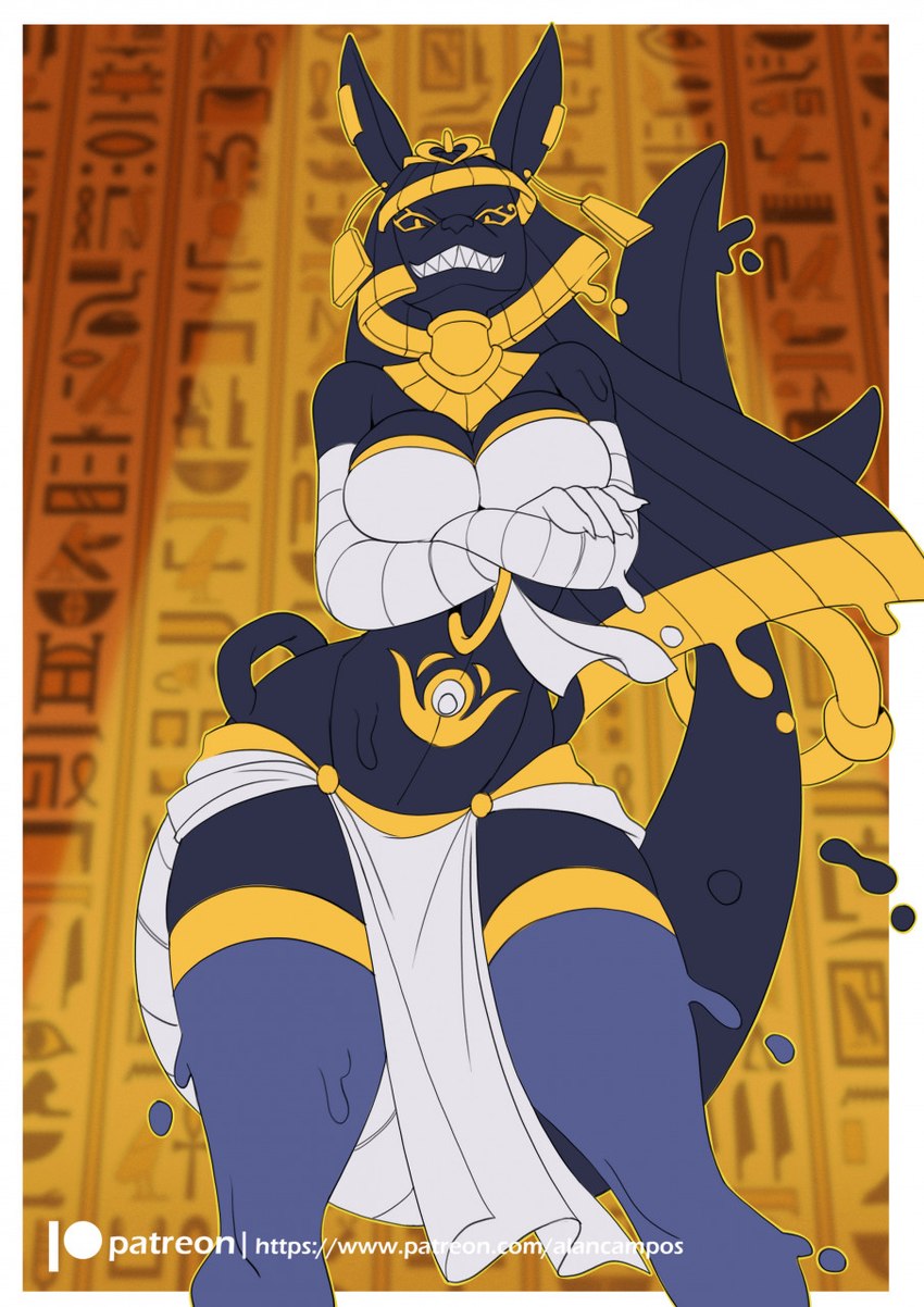 anthro black_body black_hair bottomwear breasts clothed clothing ear_piercing egyptian female grin hair legwear loincloth piercing pool_toy sharp_teeth smile solo teeth thigh_highs alanscampos ankha_zone shaxy anubian_jackal canid canine canis fish goo_creature hybrid jackal mammal marine shark hi_res