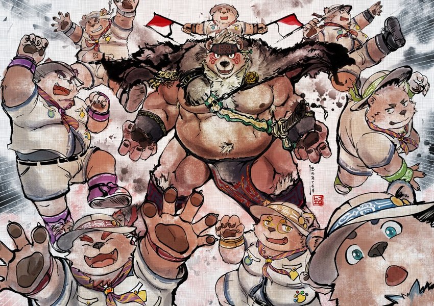 anthro belly big_belly bottomwear clothing group hat headgear headwear humanoid_hands kemono male moobs nipples overweight overweight_male shirt shorts topwear hikoero777 lifewonders tokyo_afterschool_summoners aether_ciramantep fire_ciramantep infernal_ciramantep kimun_kamui_(tas) nether_ciramantep valiant_ciramantep water_ciramantep wood_ciramantep world_ciramantep bear mammal 2022