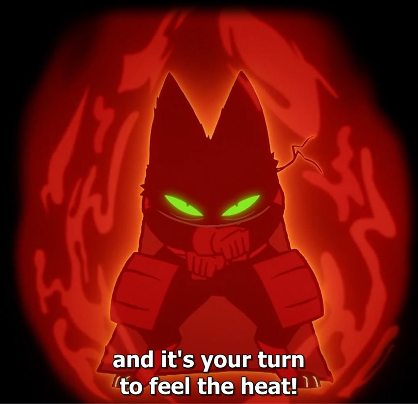 anthro armor attack black_background black_body black_eyes black_fur cape clothed clothing dialogue energy energy_ball exclamation_point fight fighting_pose fire fist fur gloves glowing glowing_eyes green_sclera half-closed_eyes handwear looking_at_viewer male narrowed_eyes partially_clothed pose power pupils simple_background slit_pupils solo standing text whiskers unknown_artist cartoon_network mao_mao:_heroes_of_pure_heart sheriff_mao_mao_mao domestic_cat felid feline felis mammal english_text