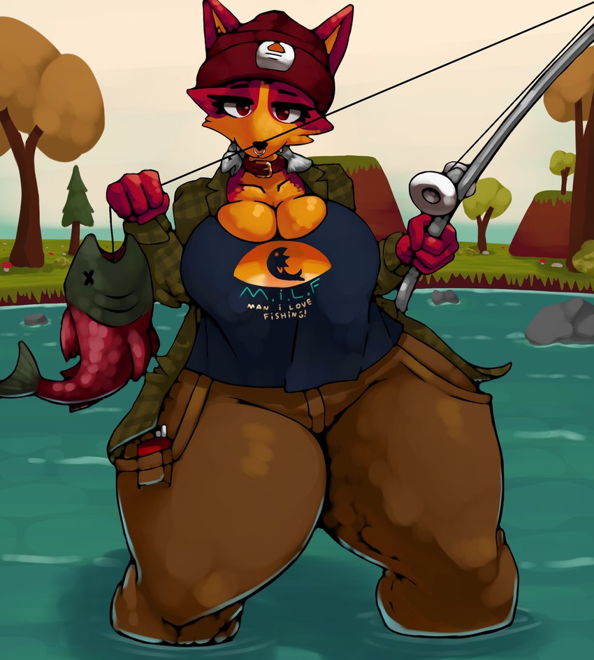 anthro bite blue_clothing blue_shirt blue_t-shirt blue_topwear bottomwear breasts cigarette clothed clothing collar detailed_background facial_piercing female fishing fishing_line fishing_rod fur grass half-closed_eyes hat headgear headwear jacket lake looking_at_viewer multicolored_body multicolored_fur narrowed_eyes nose_piercing pants piercing plant red_body red_eyes red_fur rock shirt solo t-shirt thick_thighs topwear tree yellow_body yellow_fur z_dragon webfishing canid canine fish fox mammal marine hi_res