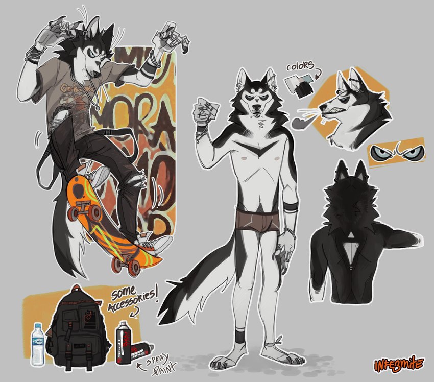 anthro backpack bottomwear clothed clothing ear_piercing male pants piercing shirt simple_background skateboard solo standing text topwear underwear vehicle infezmite canid canine canis domestic_dog husky mammal nordic_sled_dog spitz 2022 english_text hi_res model_sheet