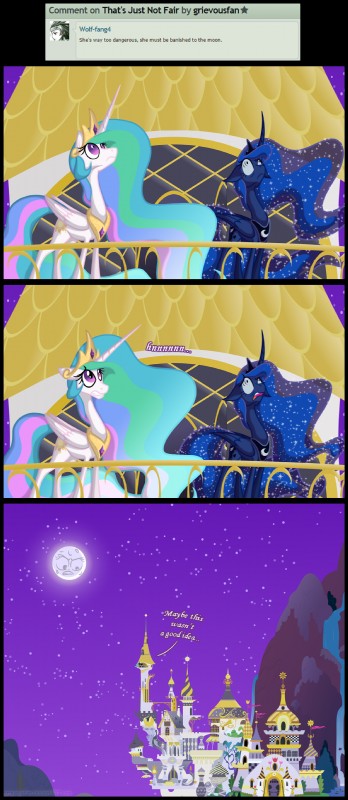 blue_hair canterlot castle crown cutie_mark duo feathered_wings feathers female flag glare gold_(metal) hair headgear horn jewelry moon mountain multicolored_hair necklace night outside purple_eyes sparkles star text tower water waterfall wings grievousfan deviantart friendship_is_magic hasbro my_little_pony mythology fluttershy_(mlp) princess_celestia_(mlp) princess_luna_(mlp) equid equine mammal mythological_creature mythological_equine winged_unicorn 2014 absurd_res english_text hi_res