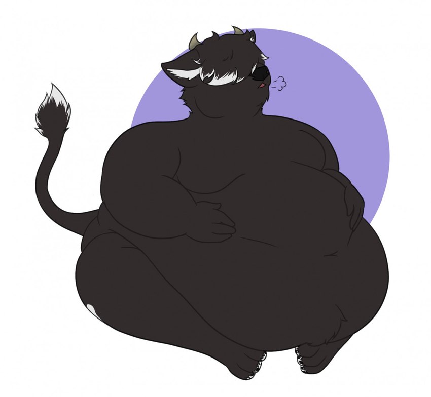 2_horns 3_toes 4_fingers anthro bangs belly belly_rolls big_belly black_body black_fur black_hair black_nose black_tail black_tail_tuft brown_horn circle fat_arms featureless_chest feet fingers fur geometric_background hair hair_over_eyes hand_on_own_belly horn male male_anthro moobs multicolored_hair navel obese obese_anthro obese_male open_mouth overweight overweight_anthro overweight_male sighing simple_background sitting solo tail tail_tuft toes tuft two_tone_hair white_background white_hair white_inner_ear theannoyingnpc jude_(queenfreddy) bovid bovine cattle mammal 2019 digital_drawing_(artwork) digital_media_(artwork) english_description flat_colors