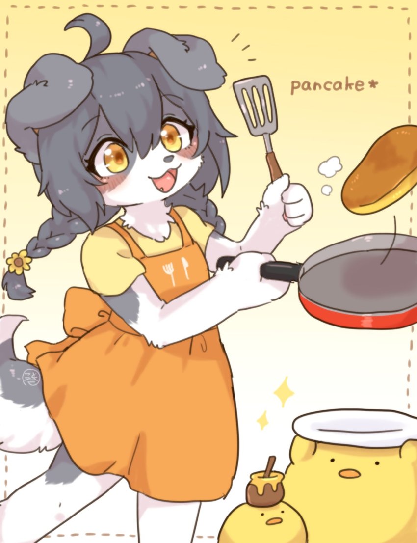 4_fingers ahoge anthro anthro_focus apron blush braided_hair braided_pigtails claws clothing cooking cookware fangs female female_anthro female_focus finger_claws fingers food frying_pan fur grey_body grey_fur grey_hair group hair happy kemono kitchen_utensils open_mouth pancake pawpads paws pigtails shirt solo_focus spatula teeth tongue tools topwear trio white_body white_fur yellow_eyes koto0v0haru cotorita avian bird border_collie canid canine canis chick chicken collie domestic_dog galliform gallus_(genus) herding_dog mammal pastoral_dog phasianid sheepdog 2021 digital_media_(artwork) hi_res