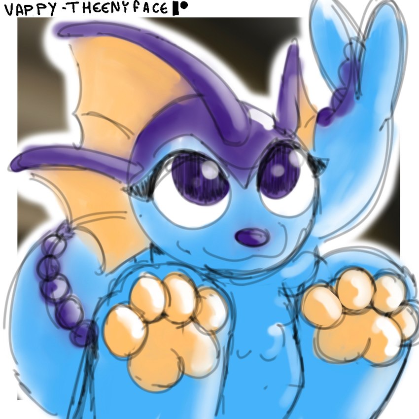 ambiguous_gender blue_body blue_fur fur looking_up pawpads presenting_pawpads purple_nose solo yellow_pawpads theenyface nintendo patreon pokemon eeveelution generation_1_pokemon pokemon_(species) vaporeon 1:1 colored_sketch digital_drawing_(artwork) digital_media_(artwork) sketch