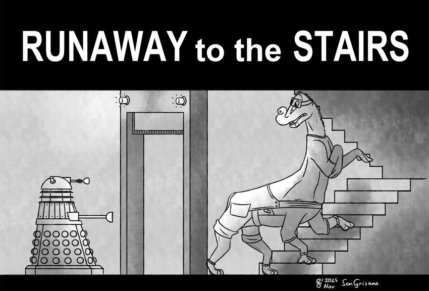 female humor pun solo stairs unusual_anatomy sen_grisane_(artist) british_broadcasting_corporation doctor_who runaway_to_the_stars talita_(rtts) alien centaur_(rtts) dalek taur 2024 crossover hi_res monochrome