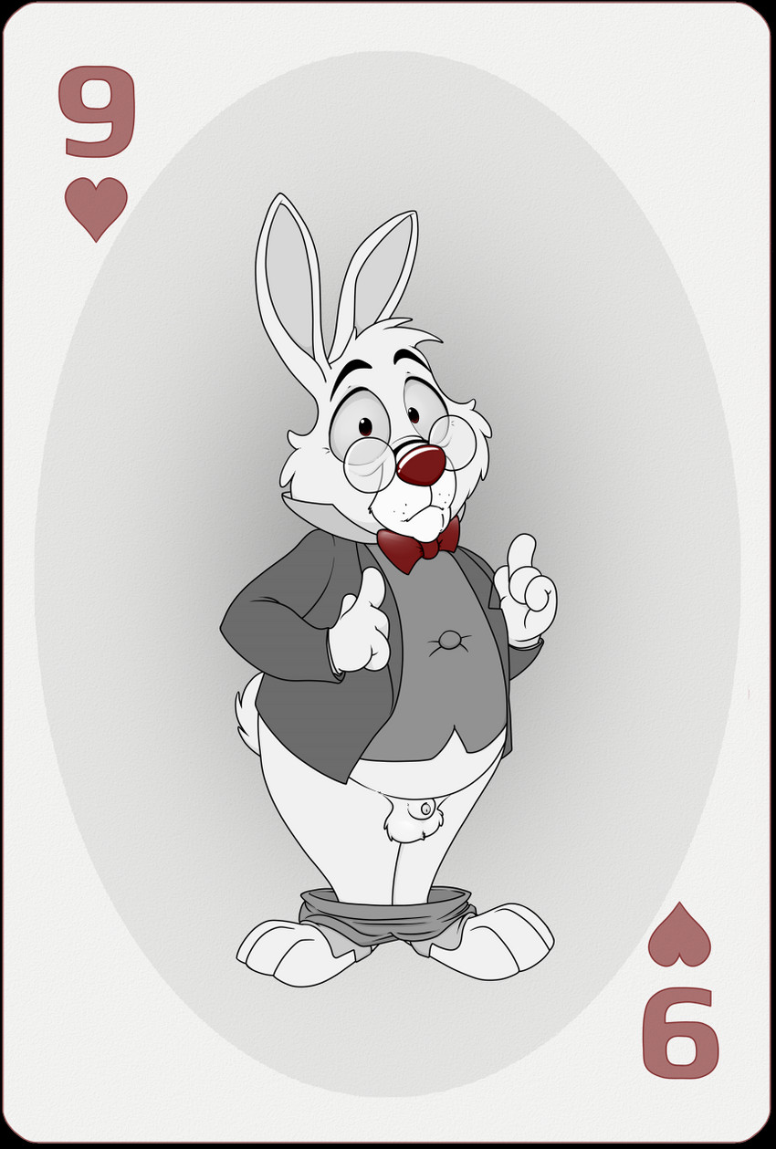 animal_genitalia anthro balls barefoot belly black_eyes bottomless bow_tie card card_template clothed clothing erection eyewear feet fur genitals glasses heart_symbol humanoid_genitalia humanoid_penis looking_at_viewer male micropenis nine_of_hearts penis playing_card playing_card_template sheath shirt simple_background slightly_chubby small_balls small_penis solo standing suit topwear white_body white_fur neenya alice_in_wonderland disney the_white_rabbit_(disney) lagomorph leporid mammal rabbit 2019 digital_media_(artwork) hi_res