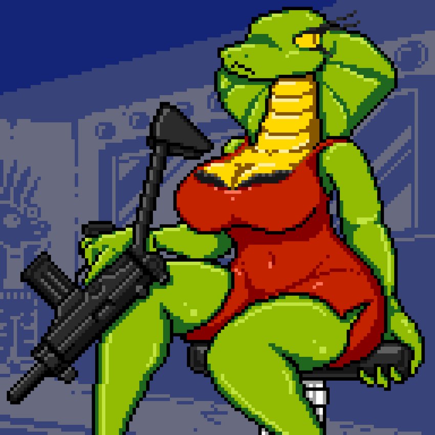 anthro big_breasts bra breasts clothed clothing dress eyelashes female green_body gun navel_outline pp-91_kedr ranged_weapon red_clothing simple_background snake_hood solo submachine_gun tall thick_thighs underwear weapon yellow_body yellow_eyes insaniousjaydonius makarov_(insaniousjaydonius) tula_(insaniousjaydonius) reptile scalie snake 1:1 digital_media_(artwork) hi_res upscale