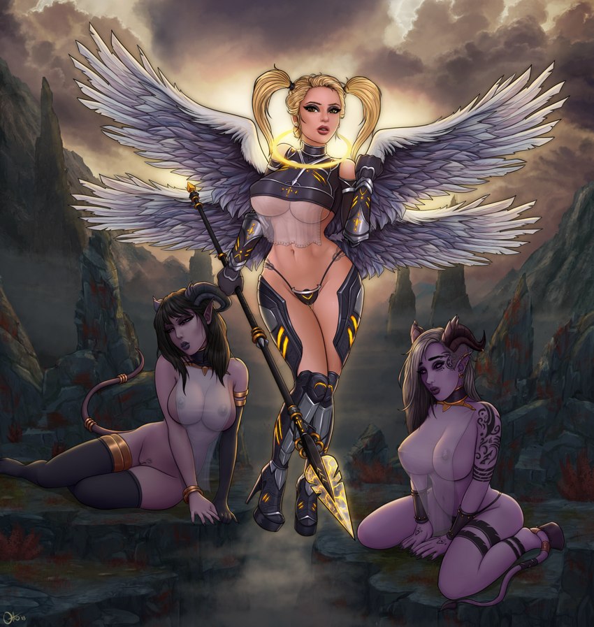 areola big_breasts black_clothing black_legwear black_thigh_highs blonde_hair breasts brown_hair cleavage clothed clothing detailed_background feathered_wings feathers female female/female glowing glowing_weapon group hair holding_melee_weapon holding_object holding_polearm holding_spear holding_weapon horn human_skin jewelry kneeling leaning leaning_sideways legwear looking_at_viewer melee_weapon midriff mostly_nude mostly_nude_female mostly_nude_humanoid navel neckwear nipples polearm purple_body purple_skin seiza sitting skimpy spear standing tattoo thigh_highs translucent translucent_clothing trio weapon wings ottomarr angel demon humanoid succubus hi_res shaded soft_shading