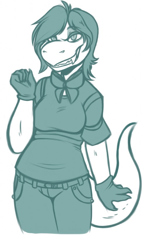 anthro bottomwear breasts clothed clothing fangs female fully_clothed gloves hair handwear looking_at_viewer non-mammal_breasts pants ribbons shirt smile solo tail teeth topwear jean_(artist) neopets dinosaur grarrl neopet_(species) prehistoric_species reptile scalie theropod blue_and_white hi_res monochrome sketch