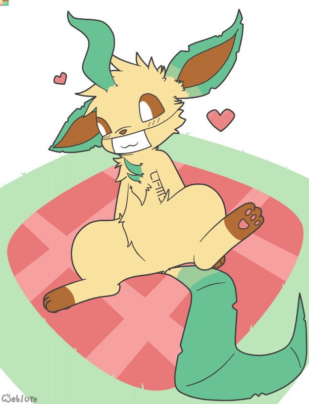 :3 ambiguous_gender bedding blanket blush brown_body brown_eyes brown_fur featureless_crotch fur grass heart_symbol leaf mask pawpads plant simple_background solo spread_legs spreading tan_body tan_fur white_background weblure nintendo pokemon chibi_(c1-11131) fan_character eeveelution generation_4_pokemon leafeon pokemon_(species) digital_media_(artwork) hi_res