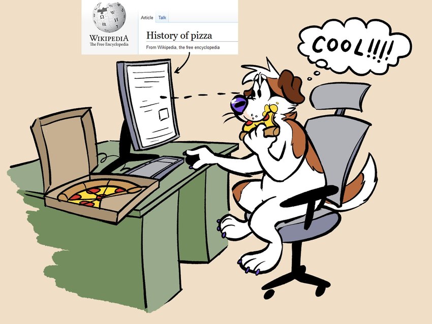 anthro brown_body brown_ears brown_fur chair cheese claws computer computer_mouse dairy_products desk eating electronics floppy_ears fluffy fluffy_tail food fur furniture humor keyboard machine male monitor office_chair pepperoni pizza purple_claws purple_nose screen sitting slightly_chubby solo swivel_chair table tail text thought_bubble website white_body white_fur campawsa wikipedia canid canine canis domestic_dog mammal 2022 4:3 english_text hi_res meme