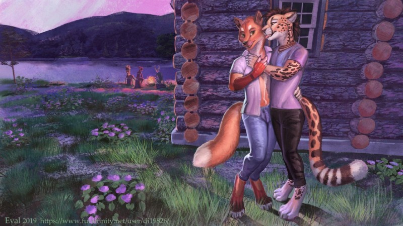 anthro barefoot chest_tuft clothed clothing digitigrade duo feet fire flower fur grass hair hug lake licking log_cabin male male/male markings open_clothing open_shirt open_topwear orange_body orange_fur outside plant shirt spots spotted_body spotted_fur standing tongue tongue_out topwear tuft di19826 canid canine cheetah felid feline fox mammal 16:9 widescreen