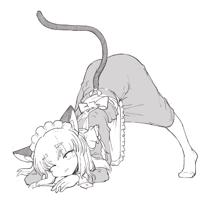 :3 ass_up clothed clothing female inner_ear_fluff jack-o'_pose legwear maid_headdress maid_uniform one_eye_closed pose ribbons solo spread_legs spreading tights tuft uniform sakifox animal_humanoid cat_humanoid felid felid_humanoid feline feline_humanoid humanoid mammal mammal_humanoid greyscale hi_res monochrome