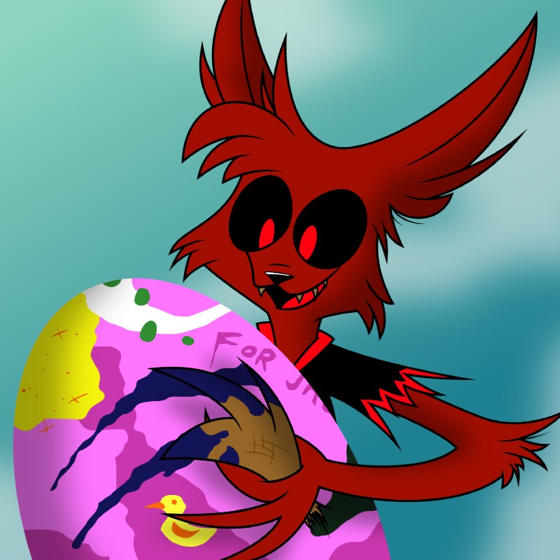 anthro black_sclera clothed clothing easter_egg fangs fur holidays male paint red_body red_eyes red_fur solo teeth findingdeb easter zoophobia damian_(zoophobia) anatid anseriform avian bird canid canine demon duck mammal 1:1 hi_res