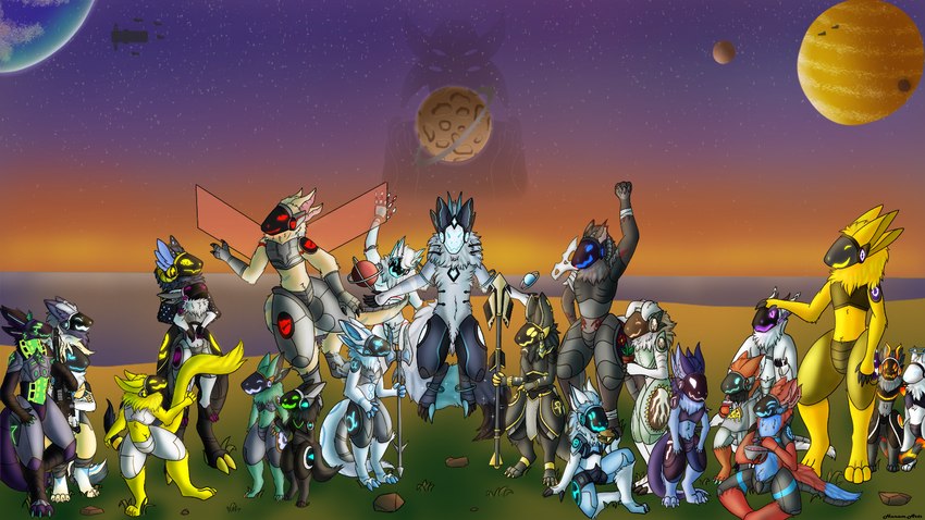 anthro armor blue_eyes breastplate claws crotchplate cybernetics dancing dark_body dark_fur eating female fingers food fur green_eyes group halo happy hug machine male melee_weapon moon multi_ear neck_tuft patting paws planet polearm protogen_visor red_eyes spear tail tuft weapon white_body white_eyes white_fur yellow_body yellow_eyes yellow_fur hunamarts aries_(lyynxx) biogentic_(protogen) shizuka(protogen) mammal primagen primogenitor protogen 16:9 hi_res widescreen