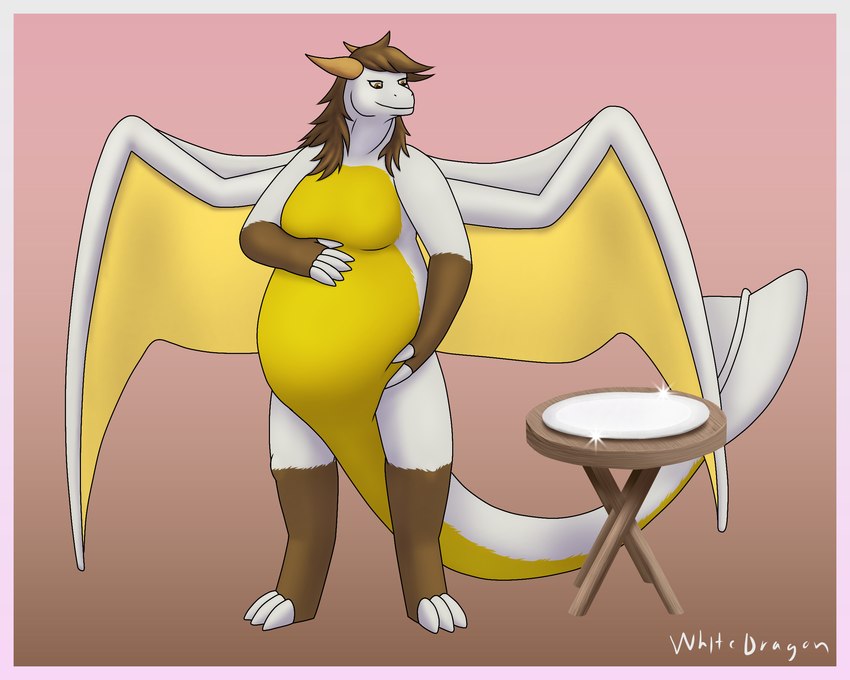 2_horns anthro belly big_belly bloated breasts brown_body brown_fur brown_hair claws digitigrade dish female fin fur furniture hair hand_on_belly horn membrane_(anatomy) membranous_wings obese obese_female overweight overweight_female simple_background solo stuffing table tail tail_fin thick_thighs white_body white_fur wings yellow_body yellow_fur white-dragon mythology dragon furred_dragon furred_scalie mythological_creature mythological_scalie scalie 2024 5:4 hi_res shaded signature soft_shading