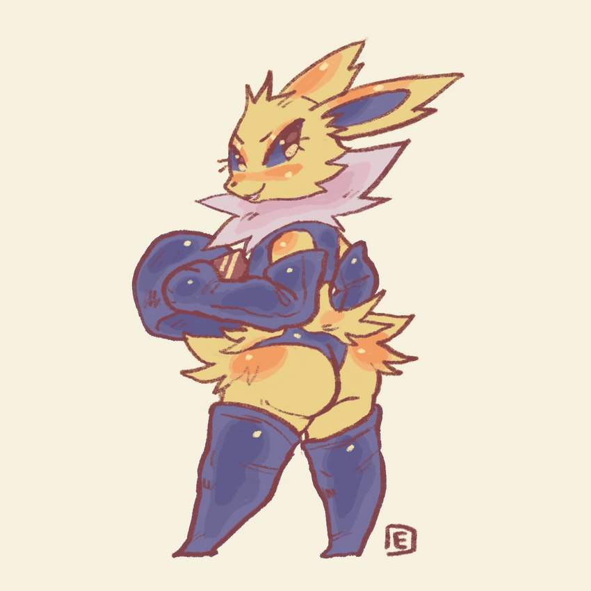 ambiguous_gender anthro blush butt clothing gloves handwear latex latex_clothing latex_gloves latex_handwear latex_legwear latex_stockings legwear looking_back motorcycle_helmet solo stockings eunicidae nintendo pokemon eeveelution generation_1_pokemon jolteon pokemon_(species) 1:1 hi_res