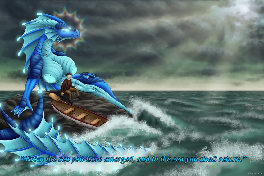 5_fingers abs anthro big_breasts big_tail bioluminescence boat breasts clothed clothed/nude clothing detailed_background dorsal_frill duo elderly female fingers frill_(anatomy) genitals gills glowing glowing_eyes halo horn larger_female looking_away male membrane_(anatomy) nipples nude nude_female pussy sea size_difference storm tail text vehicle water watercraft webbed_hands ahkvenir mythology aquatic_dragon deity dragon human mammal marine mythological_creature mythological_scalie scalie sea_serpent 3:2 absurd_res english_text hi_res