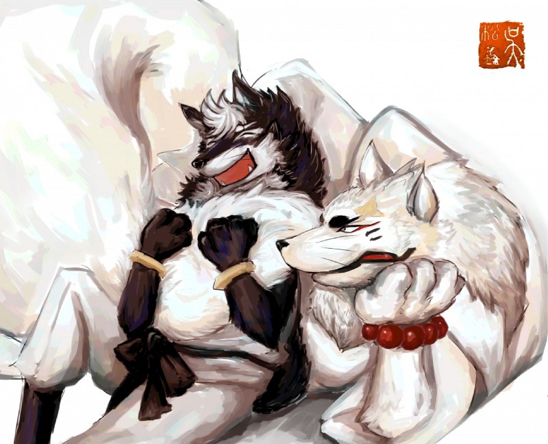 anthro black_body black_fur bottomwear clothed clothing duo eyes_closed fur humanoid_hands male pants sitting white_body white_fur luluangel gingitsune gintaro tetsuro canid canine canis fox mammal wolf 2015