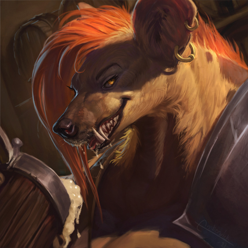 alcohol anthro armor beer beverage black_lips breasts brown_body brown_fur container cup drinking ear_piercing ear_ring eyelashes fangs female fur grin hair large_female lips looking_at_viewer muscular muscular_anthro muscular_female narrowed_eyes orange_hair piercing ring_piercing sharp_teeth smile solo tavern teeth emberwick neesha_(pilpil) gnoll hyena mammal 1:1 bust_portrait hi_res portrait