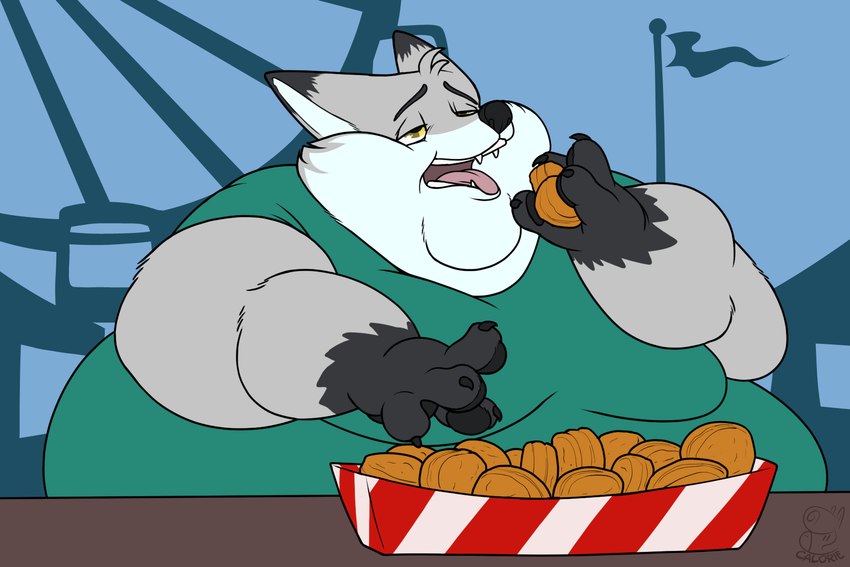 amusement_park amusement_ride anthro belly big_belly black_body black_fur chubby_cheeks claws clothed clothing cookie double_chin eating fat_arms ferris_wheel food fried_food fur grey_body grey_fur holding_food holding_object logo male moobs morbidly_obese morbidly_obese_anthro morbidly_obese_male obese obese_anthro obese_male open_mouth outside overweight overweight_anthro overweight_male pennant reaching sitting solo stuffing teeth tongue weight_gain calorie oreo_cookie canid canine fox mammal red_fox silver_fox true_fox 3:2 artist_logo hi_res