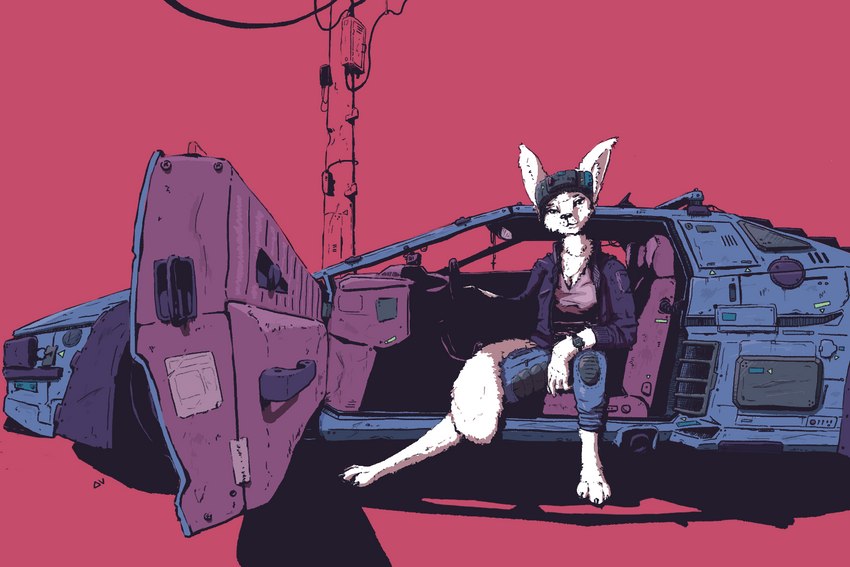 anthro big_ears bottomwear breasts car car_seat clock clothing cyberpunk ear_tuft eyewear eyewear_on_head female fur goggles goggles_on_head inside_car inside_vehicle jacket looking_at_viewer pants paws shirt sitting snout solo topwear tuft vehicle watch deltav lynn_(deltav) canid canine canis mammal wolf 3:2 signature