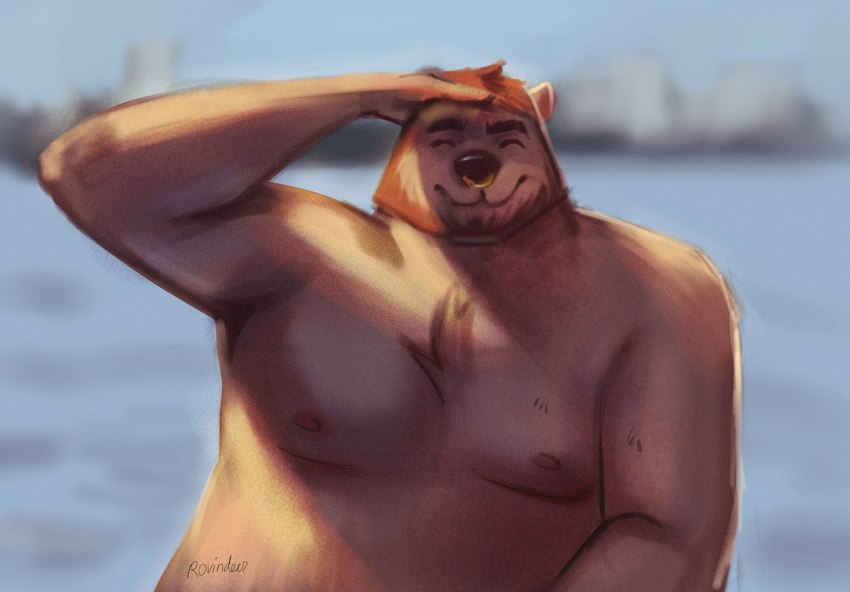 anthro belly eyes_closed facial_piercing humanoid_hands male moobs nipples nose_piercing nose_ring overweight overweight_male piercing ring_piercing solo rovindeer gabriel_(rovindeer) bear mammal 2021 hi_res