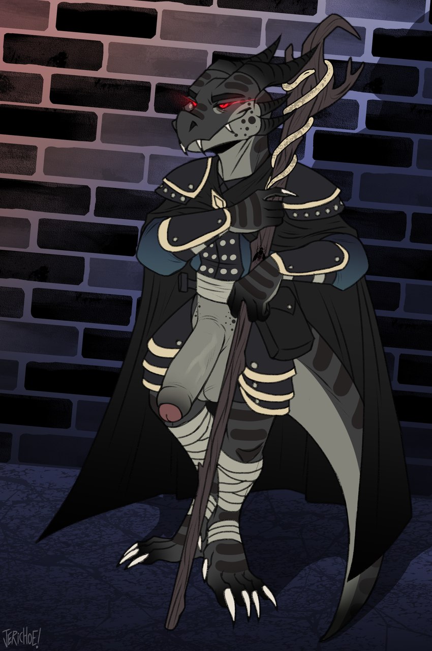 2_horns 4_toes 5_fingers anthro armguards armor balls bandage bandaged_leg bent_leg black_armor black_body black_cape black_clothing black_eyebrows black_horn black_scales black_spikes blue_clothing blue_shirt blue_topwear bottomless bottomless_anthro bottomless_male brick_wall cape cheek_spikes claws closed_smile clothed clothing dewclaw digitigrade erection eyebrows facial_spikes fangs faulds feet finger_claws fingers foreskin genitals glowing glowing_eyes grey_balls grey_body grey_penis grey_scales holding_object holding_staff horn humanoid_genitalia humanoid_penis looking_at_viewer magic_user male mouth_closed multicolored_body multicolored_penis multicolored_scales multicolored_tail non-mammal_balls outside partially_retracted_foreskin pauldron penis pink_penis pouch_(clothing) red_eyes scales shirt smile smiling_at_viewer solo spikes spikes_(anatomy) staff tail teeth thick_eyebrows toe_claws toes topwear two_tone_penis wall_(structure) white_claws jerichoe pathfinder vel_thys kobold scalie 2022 artist_name colored digital_drawing_(artwork) digital_media_(artwork) hi_res