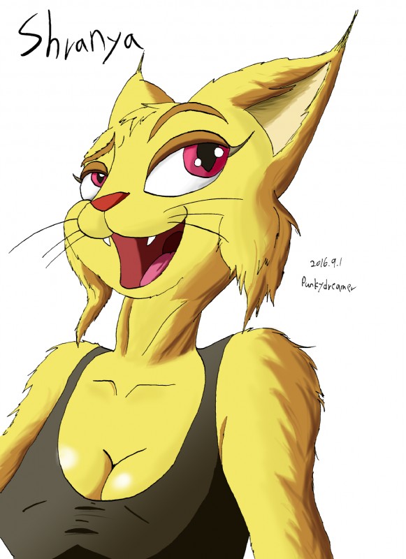 anthro breasts cleavage clothed clothing female simple_background solo white_background punkydreamer felid feline lynx mammal 2016 bust_portrait hi_res portrait