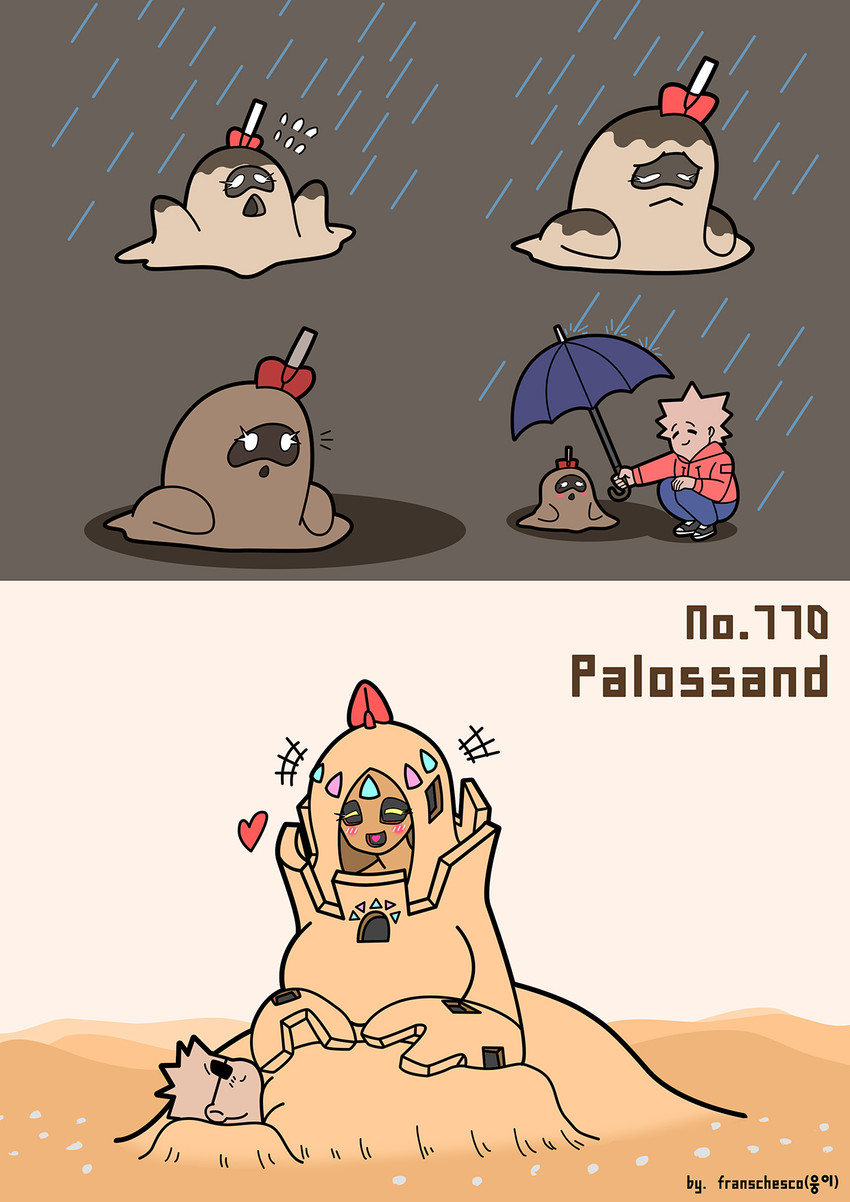 blush breasts clothed clothing eyewear female heart_symbol raining sand sunglasses umbrella franschesco_(artist) nintendo pokemon generation_7_pokemon human mammal palossand pokemon_(species) sandygast hi_res