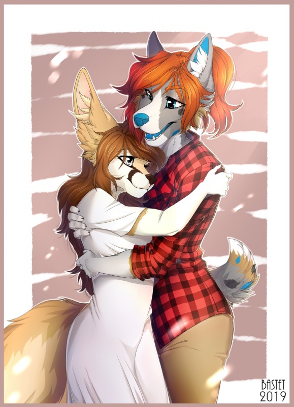 5_fingers anthro border brown_hair brown_nose clothed clothing duo eyelashes female female/female fingers hair hug open_mouth red_border smile standing teeth tongue yellow_eyes bastika roxanne_wolfe_(schorcht) sessykaru canid canine canis domestic_dog fennec_fox fox mammal true_fox 2019 digital_media_(artwork) hi_res