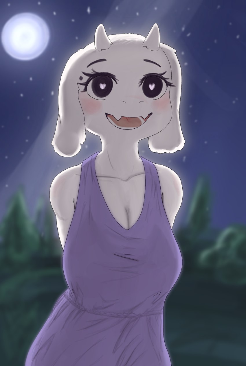 2_horns anthro black_eyes blush clothed clothing dress female fur heart_eyes heart_symbol horn open_mouth open_smile smile solo white_body white_fur nowu undertale_(series) toriel boss_monster_(undertale) bovid caprine goat mammal hi_res