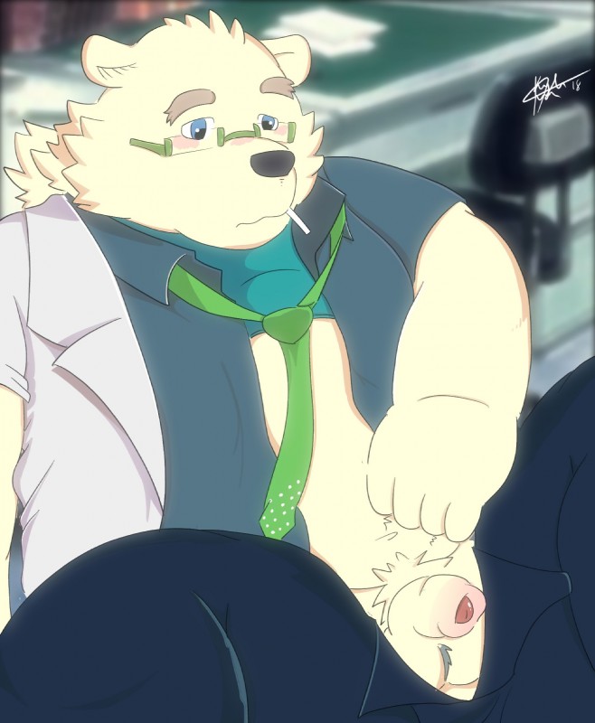 anthro balls belly biped blush bottomwear clothed clothing eyewear fur genitals glasses male open_clothing open_shirt open_topwear overweight overweight_anthro overweight_male pants penis shirt sitting smoking solo topwear white_body white_fur gid_g11 lifewonders tokyo_afterschool_summoners leib_(tas) bear mammal polar_bear ursine 2018 digital_media_(artwork) hi_res