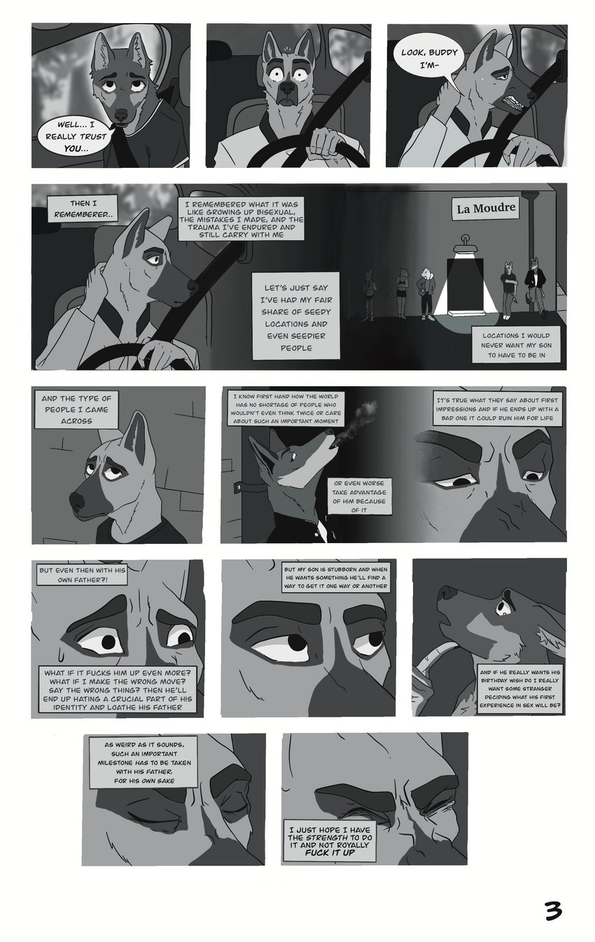 age_difference anthro asking asking_self asking_what birthday car clothed clothing command command_to_look dialogue driving duo family fingers half-closed_eyes hoping inner_monologue inside_car inside_vehicle interrobang_exclamation interrupted_speech love male male/male markings memories memory naive narrowed_eyes nervous profanity question questioning seatbelt side_view sitting speech_bubble steering_wheel stubborn talking_to_another text thinking three-quarter_view trauma vehicle virgin what younger_male conkycorp mitchell_(conkycorp) teddy_(conkycorp) canid canine canis domestic_dog german_shepherd herding_dog mammal pastoral_dog absurd_res comic digital_drawing_(artwork) digital_media_(artwork) english_text hi_res monochrome father_(lore) father_and_child_(lore) father_and_son_(lore) parent_(lore) parent_and_child_(lore) parent_and_son_(lore) son_(lore)