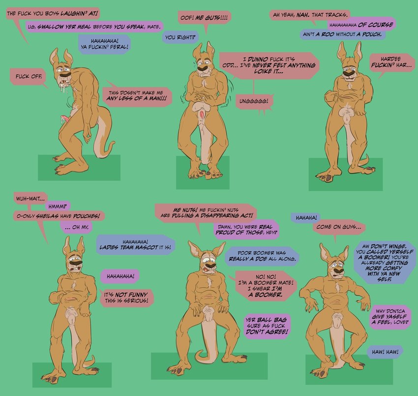 5_fingers 5_toes anatomically_correct andromorph animal_genitalia animal_penis animal_pussy anthro balls balls_above_penis balls_shrinking bold_text cloaca cloacal_penis color_coded color_coded_speech_bubble dialogue empty_scrotum erection feet fingers flaccid fur gender_transformation genital_growth genitals green_background growth intersex linked_speech_bubble localized_pointy_speech_bubble male marsupial_penis mid_transformation motion_lines motion_outline mta_transformation mtf_transformation mti_transformation nude penis penis_shrinking penis_to_vagina_tf pointy_speech_bubble polygonal_speech_bubble pouch_(anatomy) pouch_growth prehensile_penis prehensile_tail profanity pussy pussy_growth simple_background solo speech_bubble standing stuttering tail tan_body tan_fur tapering_penis text text_emphasis toes transformation transformation_sequence brokowski kangaroo macropod mammal marsupial 2021 comic digital_media_(artwork) english_text sequence