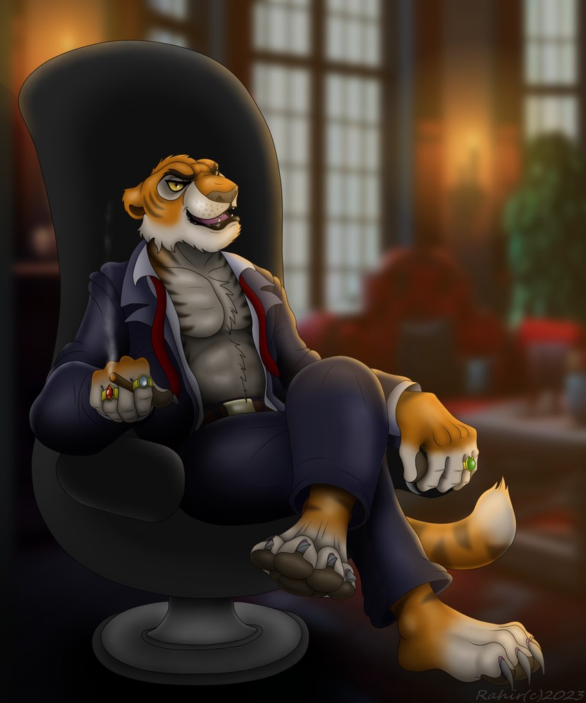 anthro chair cigar clothing furniture male pawpads paws pecs pose shirt sitting smoking solo topwear unbuttoned rahir disney talespin shere_khan bengal_tiger felid mammal pantherine tiger 5:6 digital_media_(artwork) hi_res