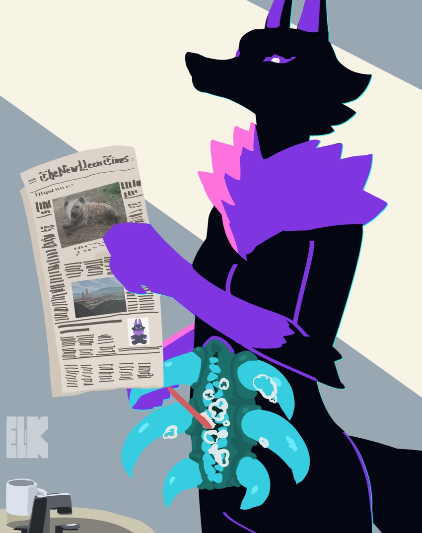 anthro arm_tuft belly_mouth black_body black_fur breasts brush brushing brushing_teeth cheek_tuft chest_tuft container cup elbow_tuft facial_tuft female feral fur holding_object looking_down multi_mouth neck_tuft newspaper photo purple_body purple_fur purple_sclera sharp_teeth sink solo tail teeth text toothbrush tuft el-k fen_(el-k) jk_(el-k) alien hyena mammal spotted_hyena absurd_res artist_name digital_media_(artwork) english_text hi_res