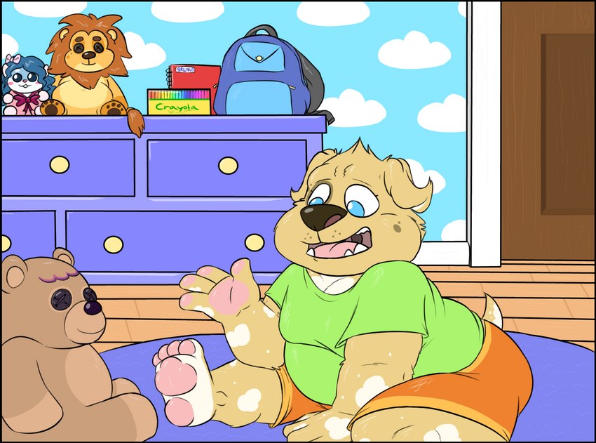 anthro backpack belly bottomwear carpet clothed clothing crayon dresser fangs fully_clothed furniture male moobs notebook overweight overweight_anthro overweight_male pawpads paws plushie shirt short_tail shorts simple_background sitting sitting_on_ground slightly_chubby slightly_chubby_anthro slightly_chubby_male smile solo t-shirt tail teddy_bear teeth topwear young young_anthro sinood1e brutus_miller_(nood1e) canid canine canis domestic_dog mammal hi_res