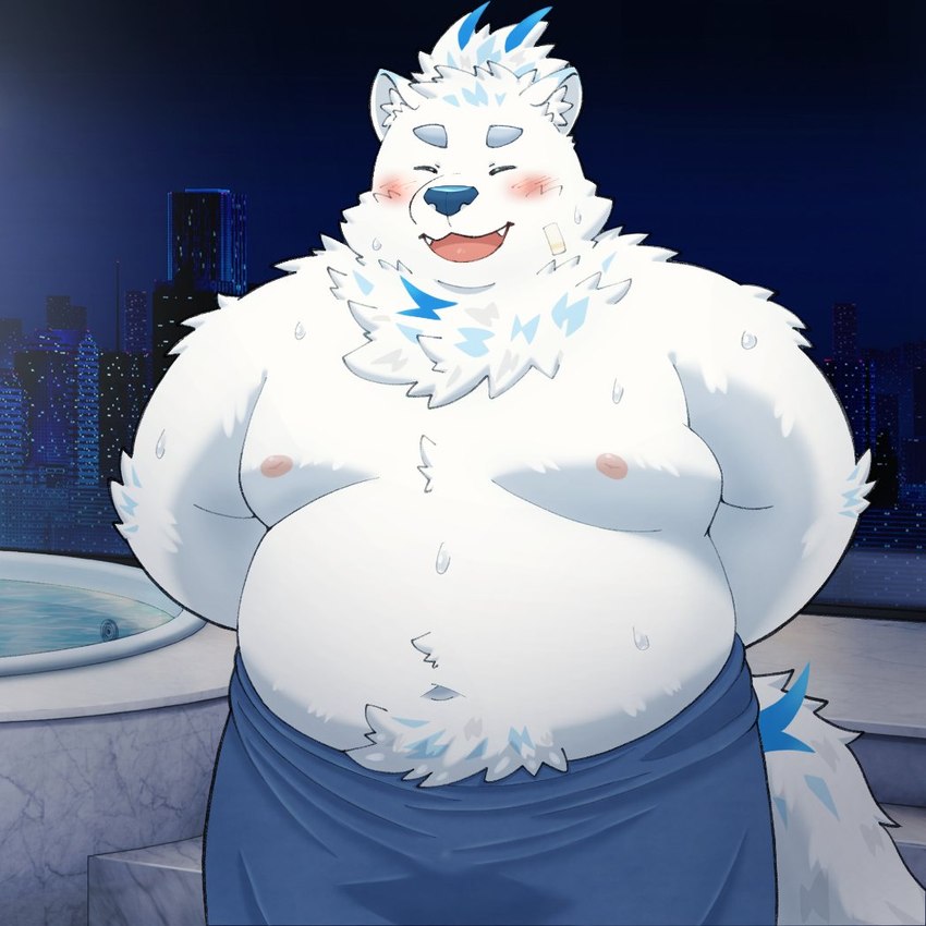 anthro belly blush bulge fur male moobs navel nipples overweight poolside solo towel white_body white_fur yaki_atsuage lifewonders live_a_hero yohack canid canine canis domestic_dog mammal nordic_sled_dog samoyed spitz 1:1