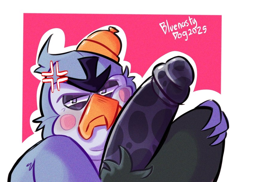 angry anthro blush bodily_fluids duo genitals imminent_sex looking_at_viewer male male/male penis penis_on_face saliva bluenastydog brawl_stars supercell_(company) crow_(brawl_stars) mr.p_(brawl_stars) avian